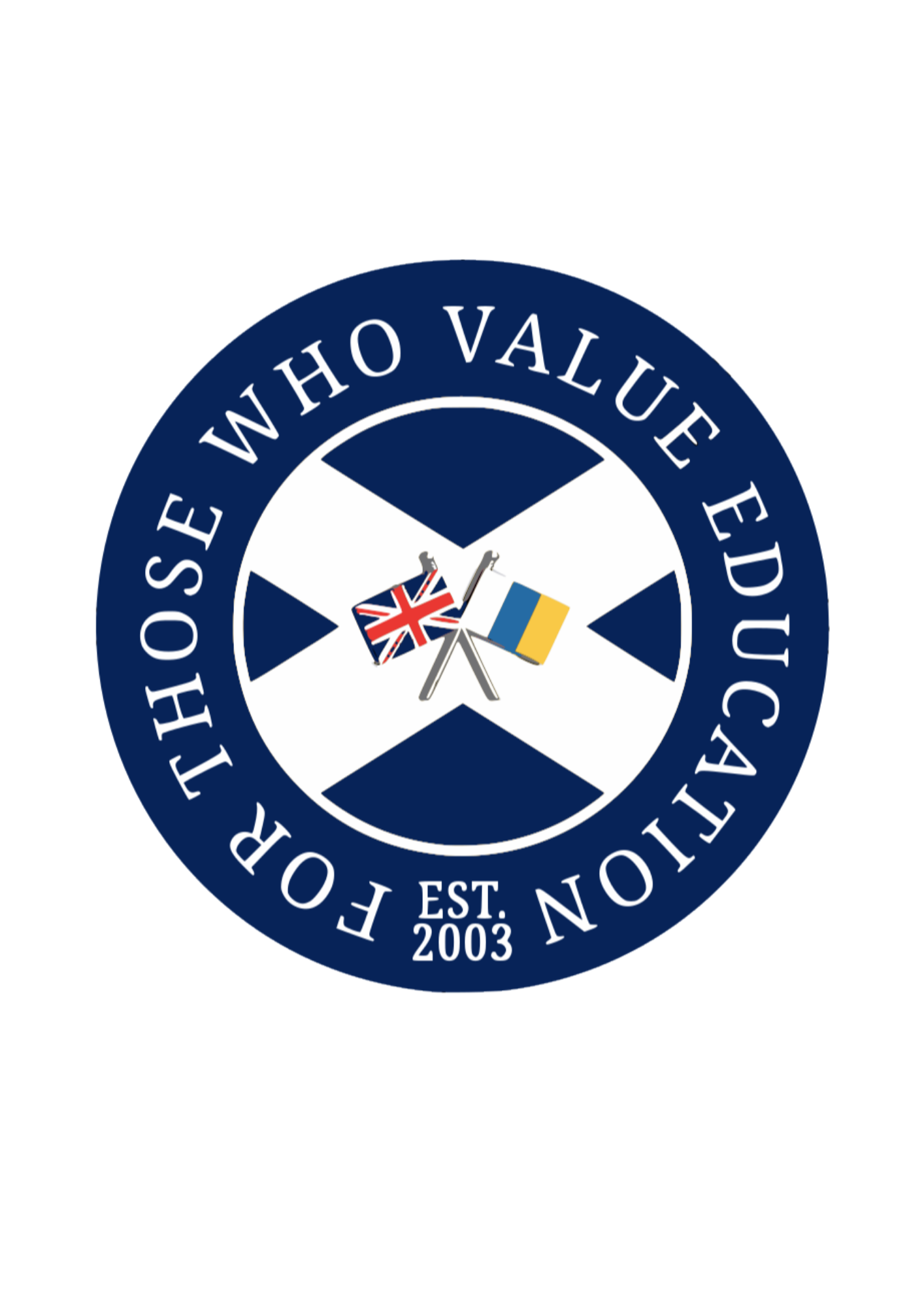 Logotipo oficial de Saint Andrew's School, colegio británico en Tenerife, con el lema "For those who value education", las banderas de Reino Unido y Canarias, y el año de fundación 2003 sobre la cruz de San Andrés.