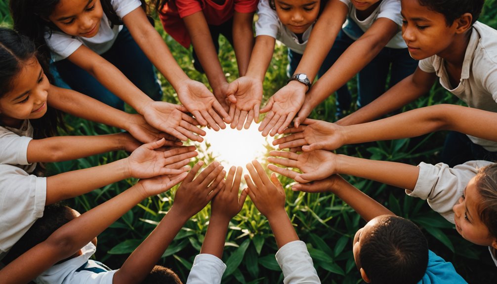 Un grupo de alumnos de Saint Andrew's School, colegio británico en Tenerife, forman un círculo uniendo sus manos en el centro sobre un fondo de plantas verdes en el campus.