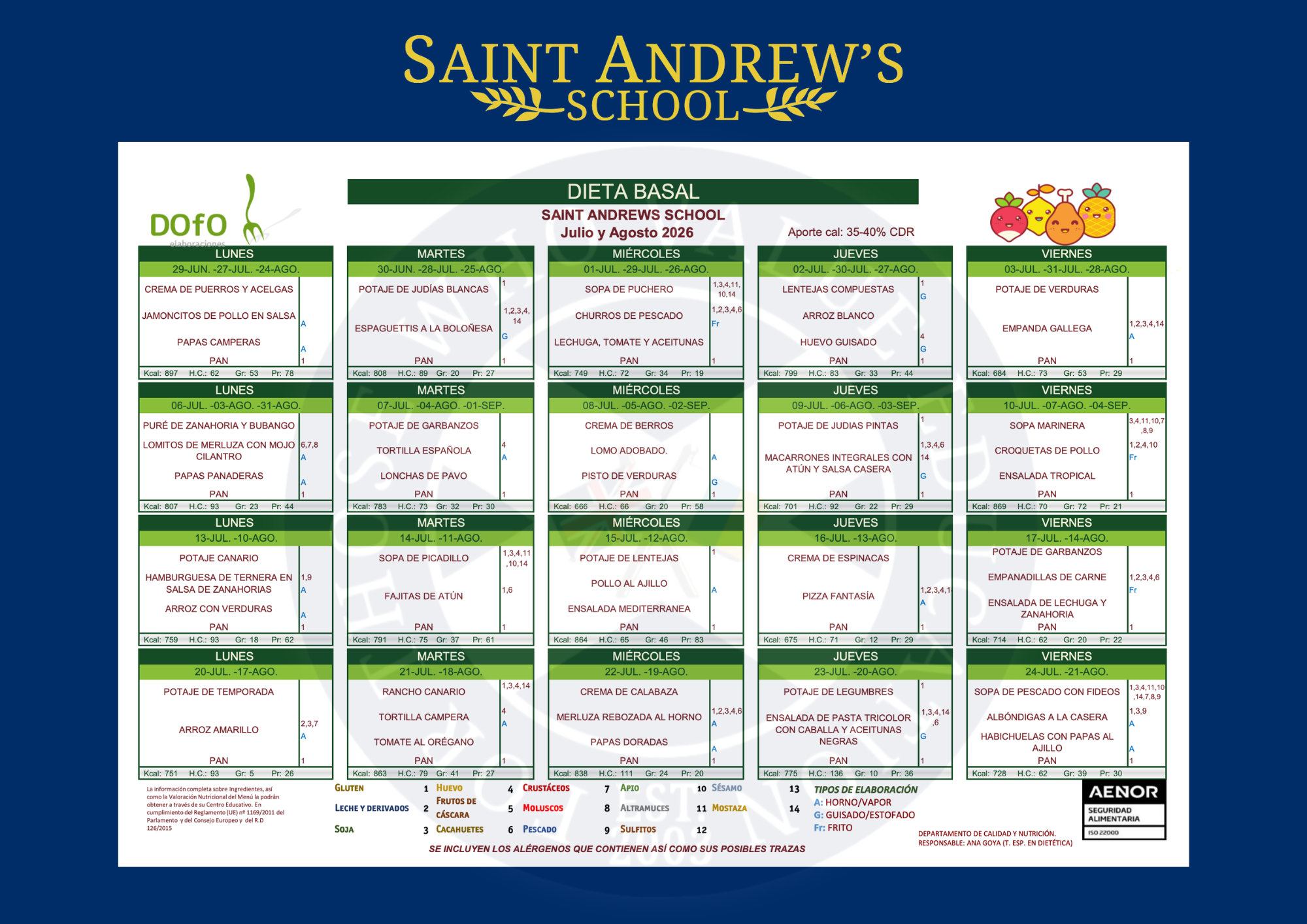 Menú escolar de la dieta basal para los meses de julio y agosto de 2026 del Saint Andrew's School, colegio británico en Tenerife. El documento muestra la planificación semanal de comidas, valores nutricionales y la tabla de alérgenos para garantizar la seguridad de los alumnos.