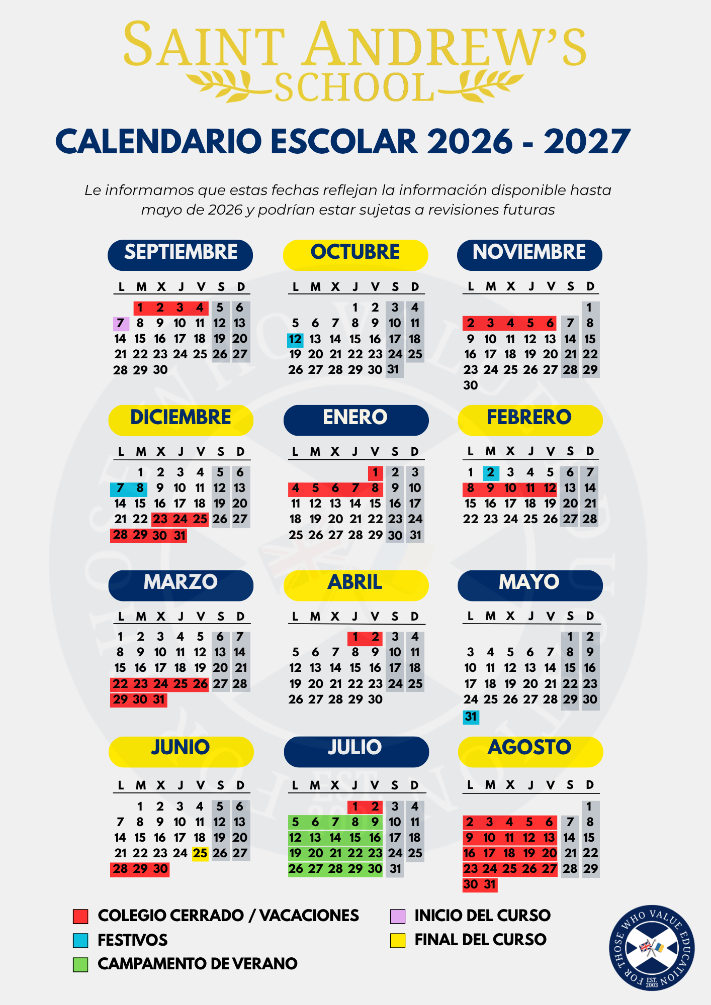 Calendario-Escolar-2026-2027-Saint-Andrews-School-Tenerife Calendario escolar oficial del curso 2026-2027 de Saint Andrew's School, colegio británico en Tenerife, que muestra las fechas de inicio de clases, periodos de vacaciones, festivos y el campamento de verano.