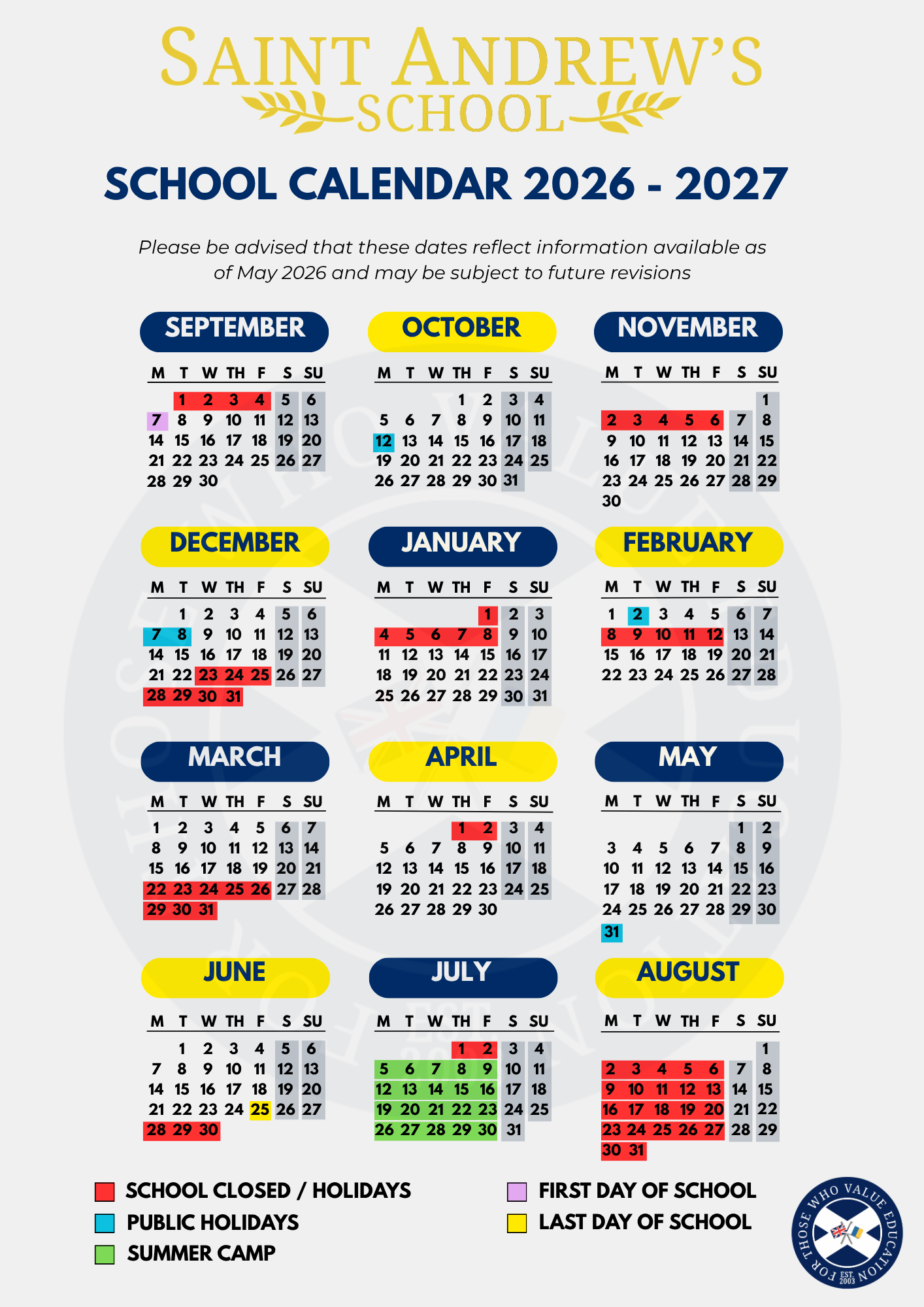 Official 2026-2027 school calendar for Saint Andrew's School, a premier British school in Tenerife, displaying term dates, school holidays, public holidays, and summer camp schedules.